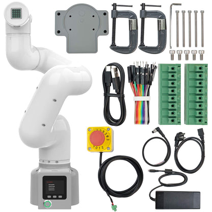 Package contents layout with myCobot arm, mounting plate, clamps, cables, emergency stop, and I/O blocks
