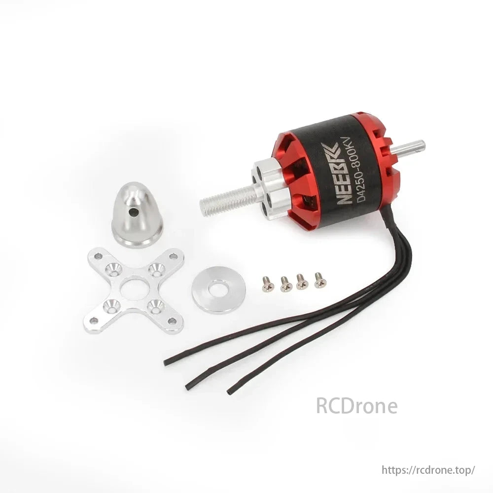 NEEBRC 4250-800KV brushless motor kit includes prop adapter, mounting plate, and screws for RC use.