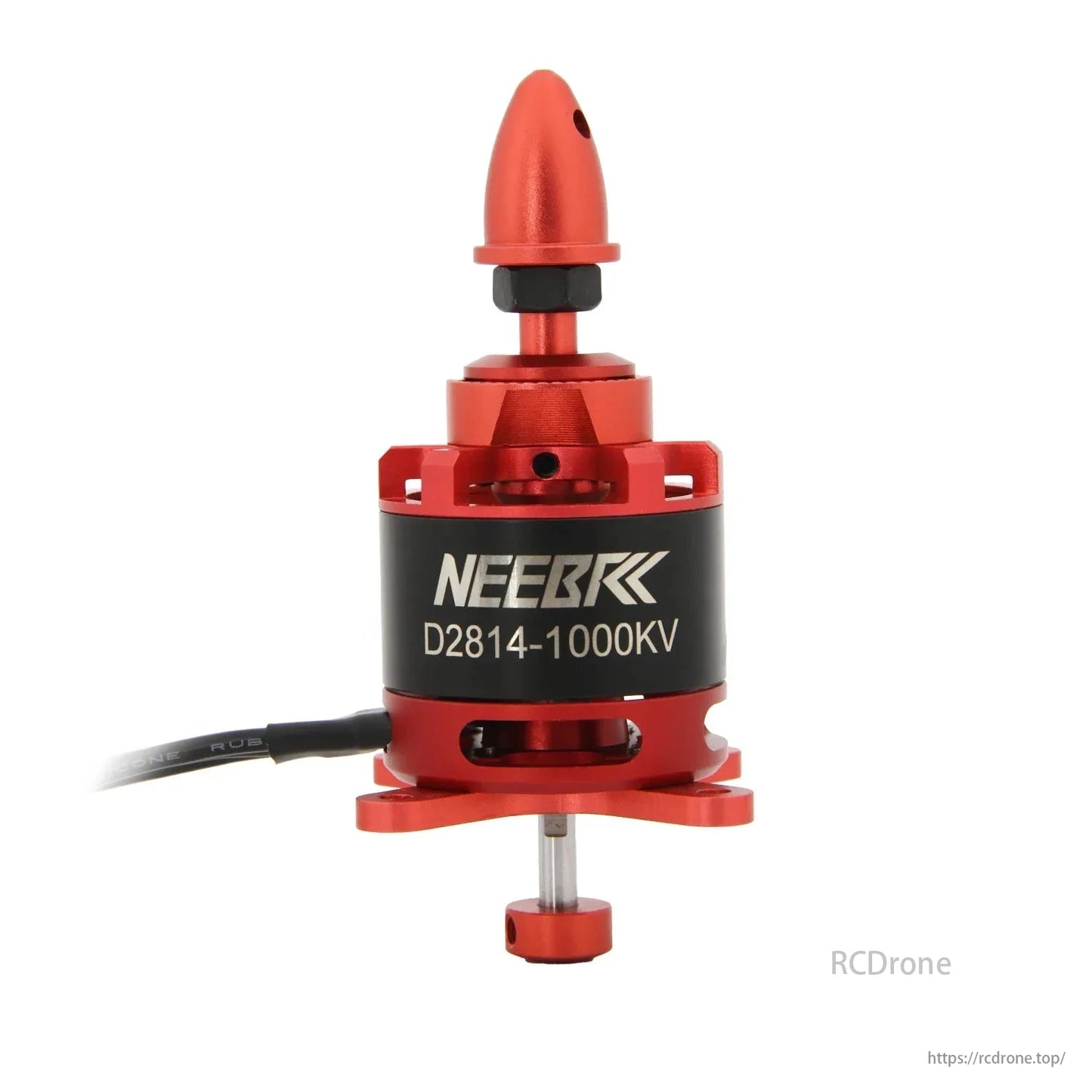 NEEBRC D2814-1000KV motor for FPV racing drones, quadcopters, and airplanes. Red/black design with visible wiring.