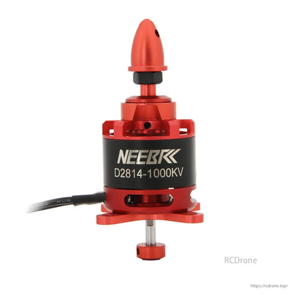 NEEBRC D2814-1000KV motor for FPV racing drones, quadcopters, and airplanes. Red/black design with visible wiring.