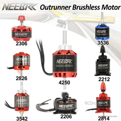 NEEBRC brushless motors, sized 2206-4250 with specific KV ratings, suit RC applications like drones and quadcopters, offering reliability, efficiency, and color options. Specifications are clearly labeled.