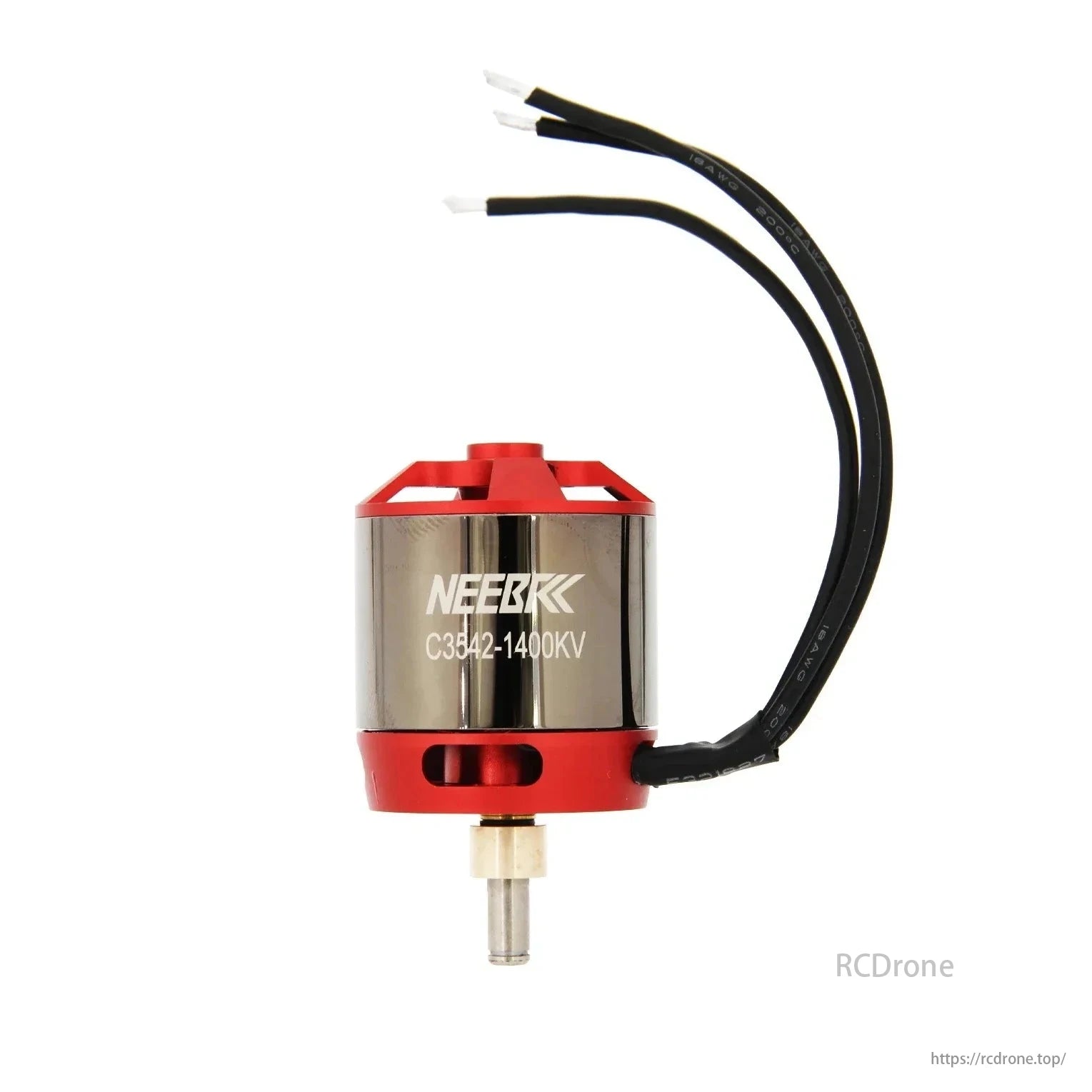 NEEBRC C3542-1400KV brushless motor for FPV racing drones, quadcopters, and airplanes. Red/silver design with three black wires.
