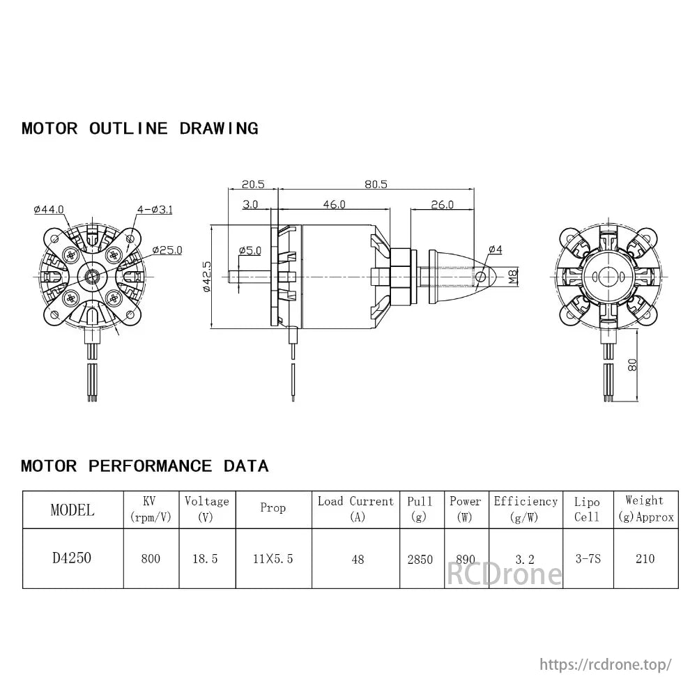 NEEBRC Outrunner FPV Motor, NEEBRC D4250 motor: 800KV, 18.5V, 11x5.5 prop, 48A, 2850g pull, 890W, 3.2g/W efficiency, 3-7S Lipo, 210g, 44mm x 80.5mm.