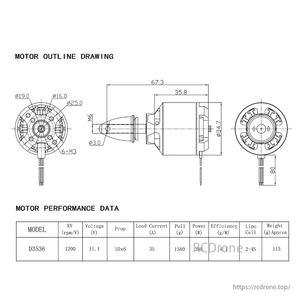 NEEBRC Outrunner FPV Motor, NEEBRC D3536 FPV motor: 1200KV, 11.1V, 10x6 prop, 35A, 1580g thrust, 388W power, 4.1g/W efficiency, 2-4S Lipo, 115g, 67.3x35.8x34.7mm.