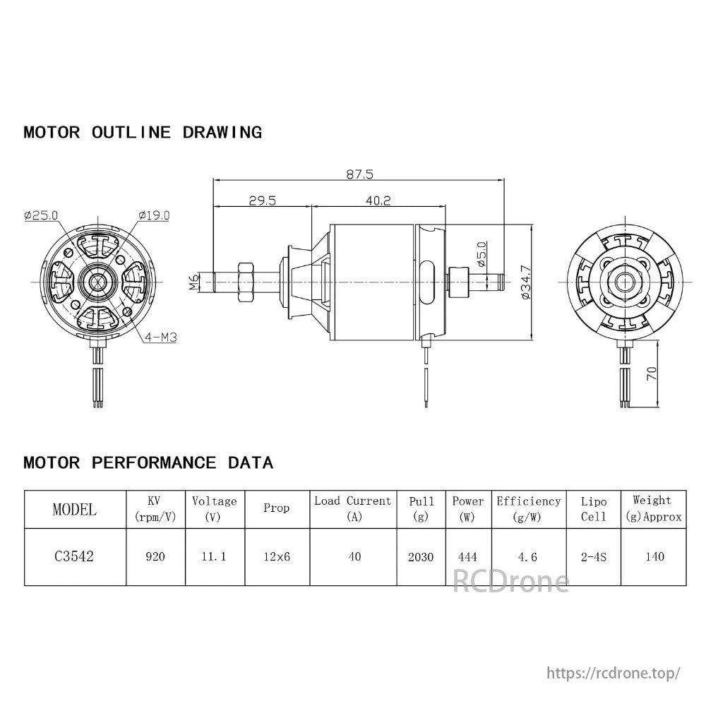 NEEBRC Outrunner FPV Motor, NEEBRC C3542 FPV motor: 920KV, 11.1V, 12x6 prop, 40A, 2030g thrust, 444W power, 4.6g/W efficiency, 2-4S Lipo, 140g, 87.5mm x 34.7mm.