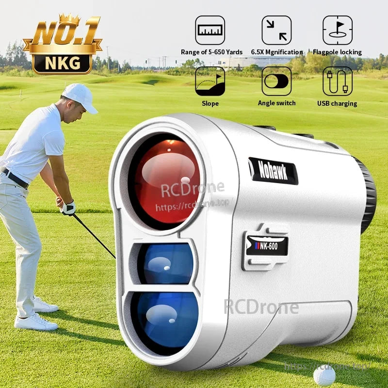 NOHAWK NK-600 golf rangefinder measures 5–650 yards with 6.5x magnification, slope and angle compensation, flagpole locking, and USB charging for accurate distance measurement.