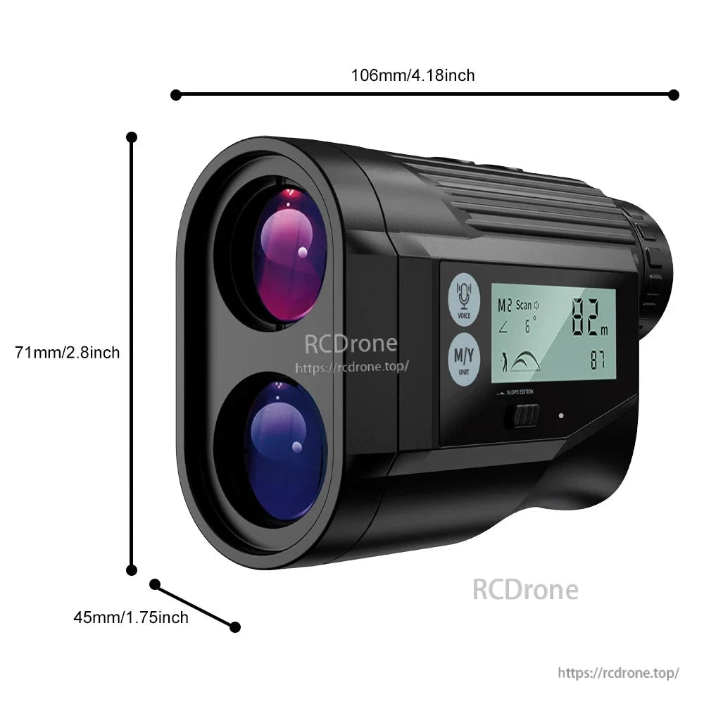NOHAWK Golf Laser Rangefinder features USB-C charging, slope compensation, flag lock, vibration, and transmissive LCD. Compact size: 106mm x 71mm x 45mm.