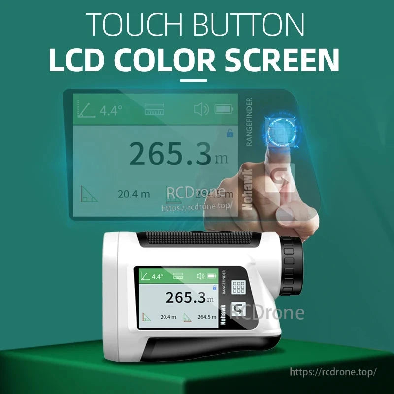 Compact LCD rangefinder with touch buttons, 265.3m range, 4.4° angle, slope compensation, flag lock, vibration alert, and USB-C charging.