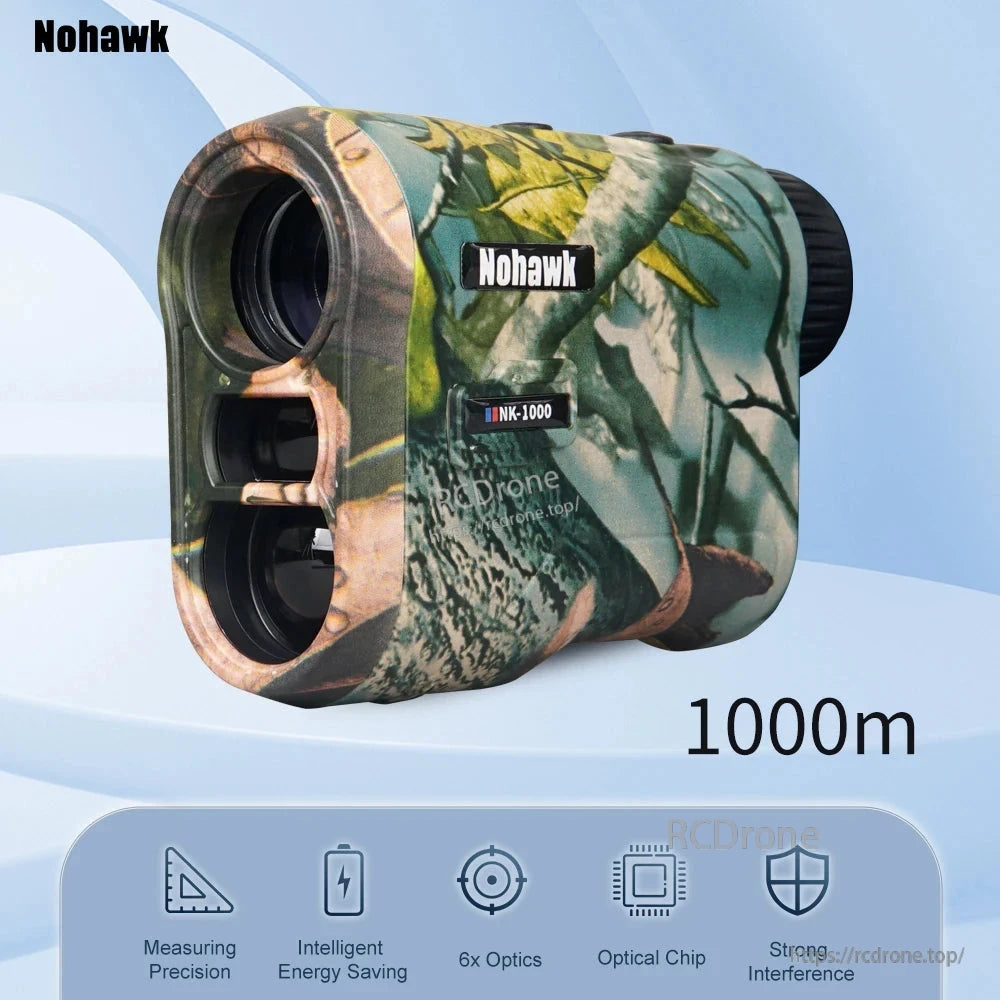 Nohawk NK-1000 rangefinder: 1000m range, 6x magnification, USB-C charging, slope compensation, flag lock, vibration alert, transmissive LCD display.