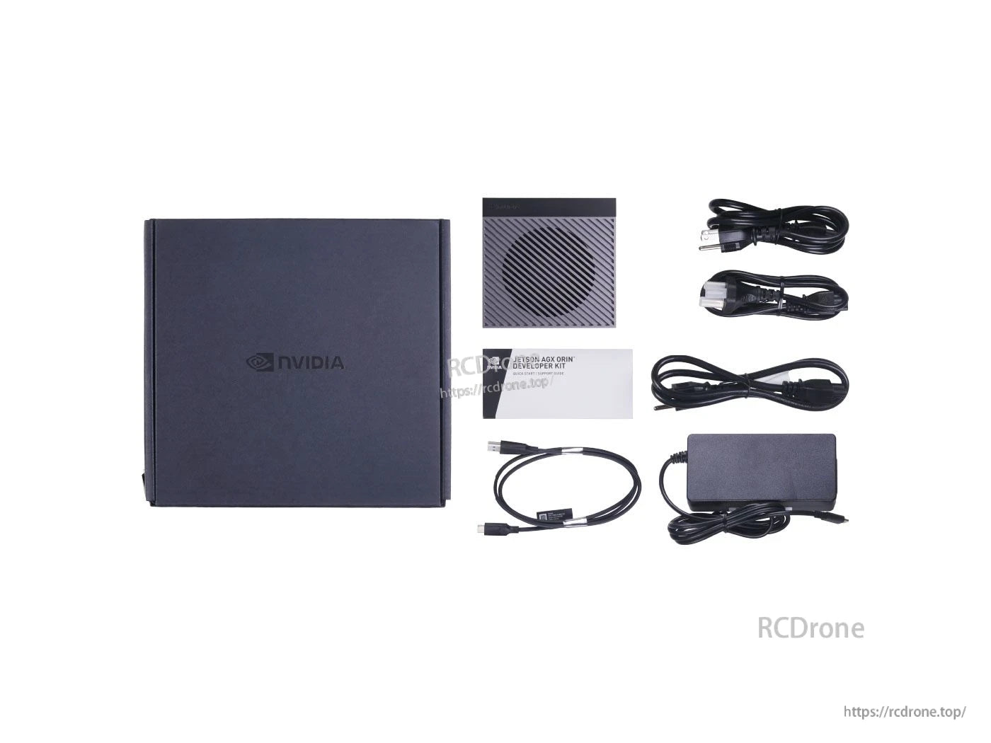 NVIDIA Jetson AGX Orin Developer Kit includes power adapter, cables, and documentation for AI and robotics development.