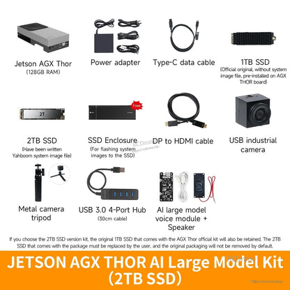 Jetson AGX Thor developer kit bundle with power adapter, USB-C cable, SSDs, enclosure, hub, camera, and accessories