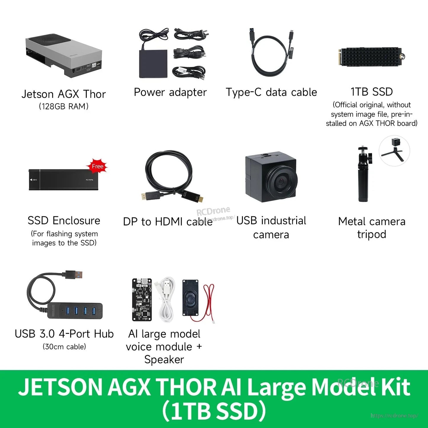 Jetson AGX Thor AI Large Model Kit (1TB SSD) contents list with camera, tripod, hub, voice module speaker