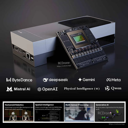 Jetson AGX Thor device with compute board shown outside the enclosure, logos for AI platforms below