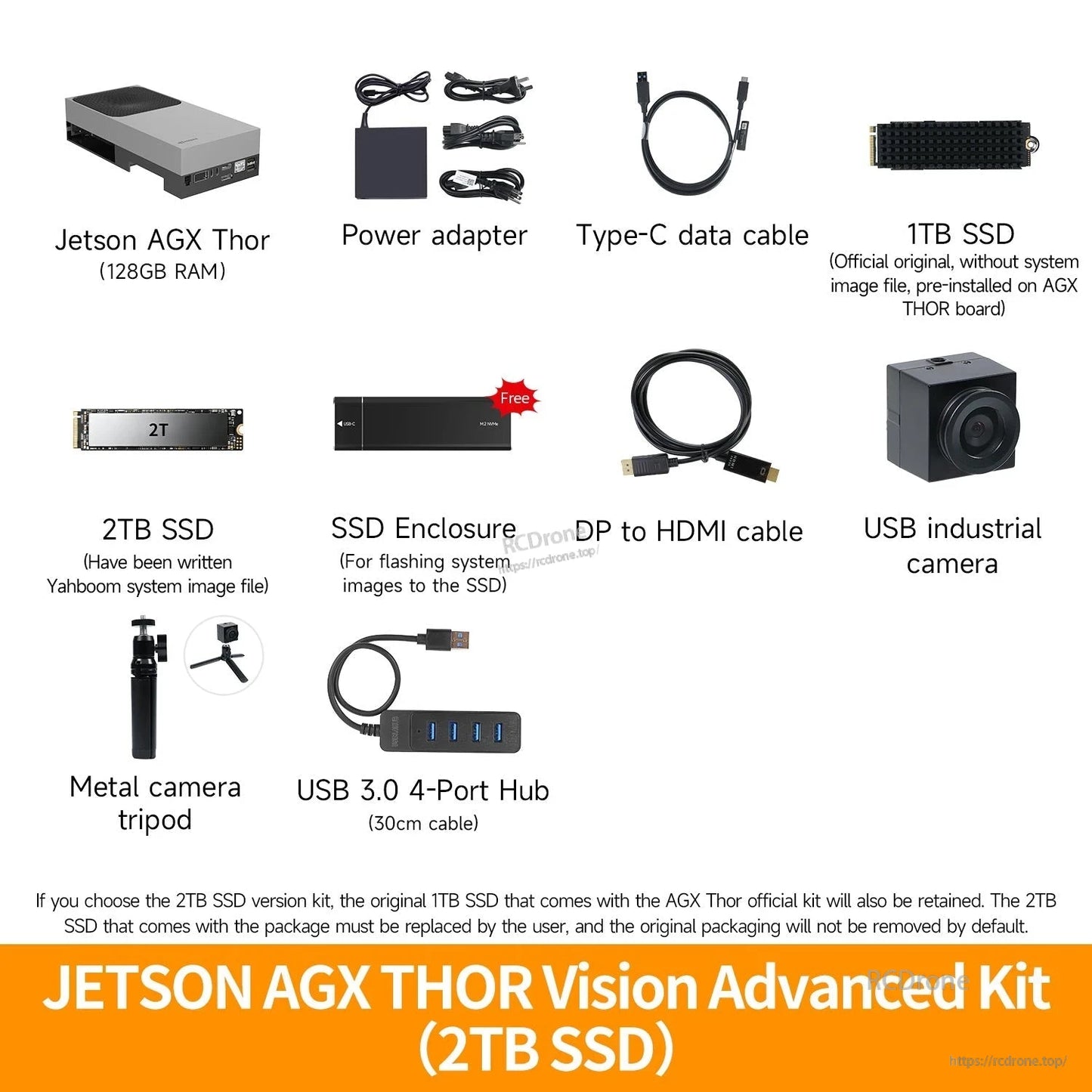 Jetson AGX Thor Vision Advanced Kit contents with developer kit, SSDs, cables, USB camera, tripod, hub and enclosure