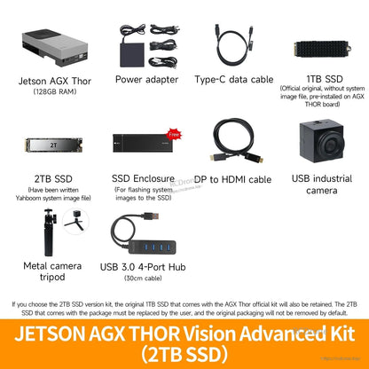 Jetson AGX Thor Vision Advanced Kit contents with developer kit, SSDs, cables, USB camera, tripod, hub and enclosure
