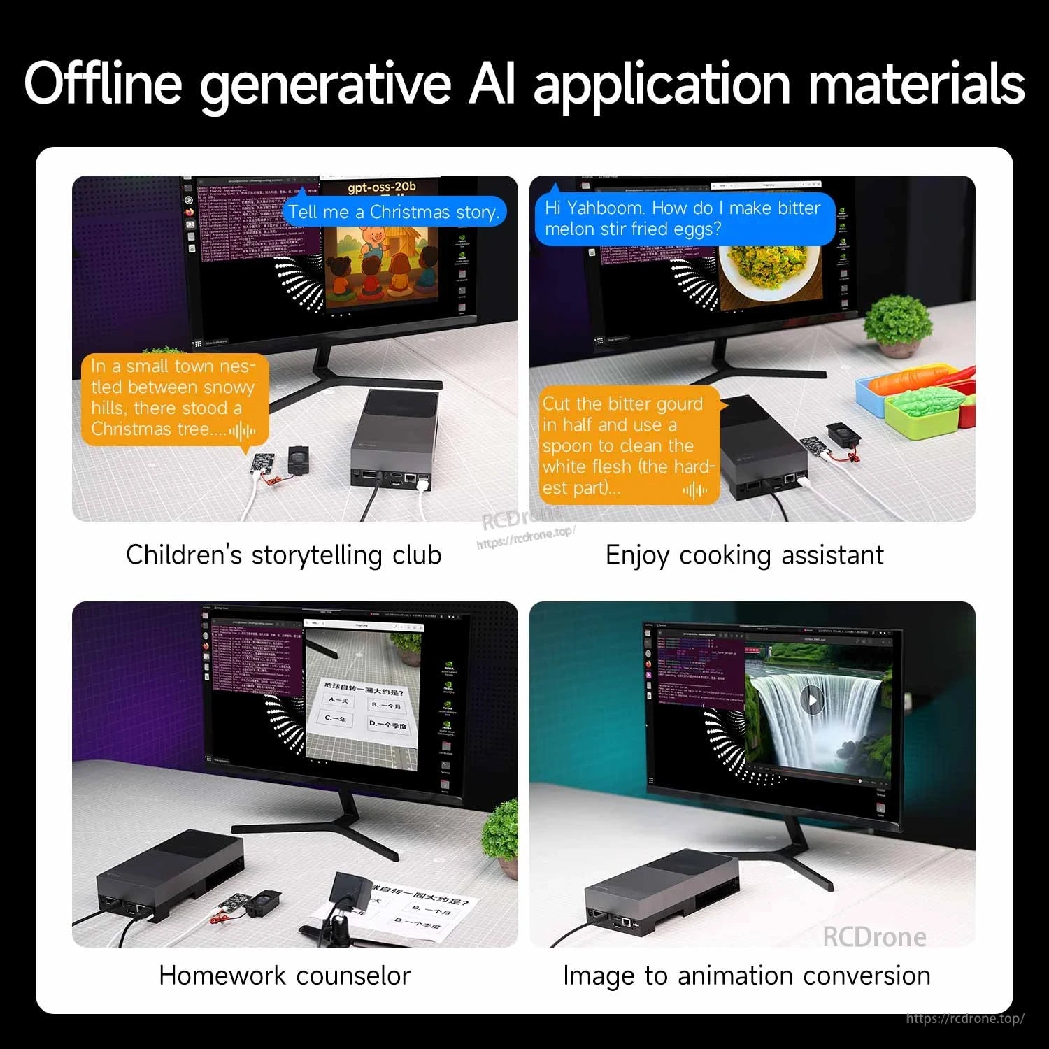 Offline generative AI application examples shown on monitor with Jetson AGX Thor device on desk