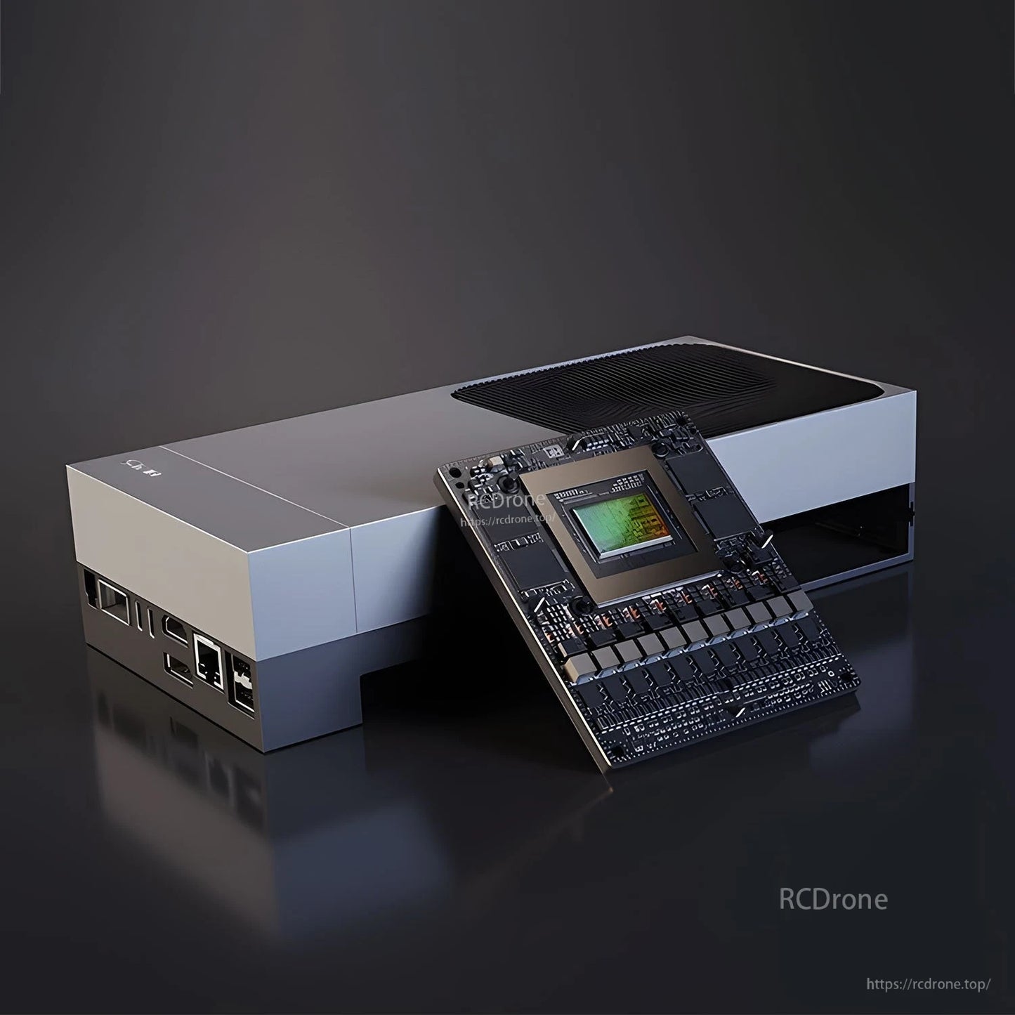 Jetson AGX Thor enclosure with compute board propped in front on dark background