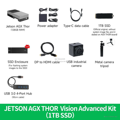 Jetson AGX Thor Vision Advanced Kit (1TB SSD) contents with USB camera, tripod, hub and cables