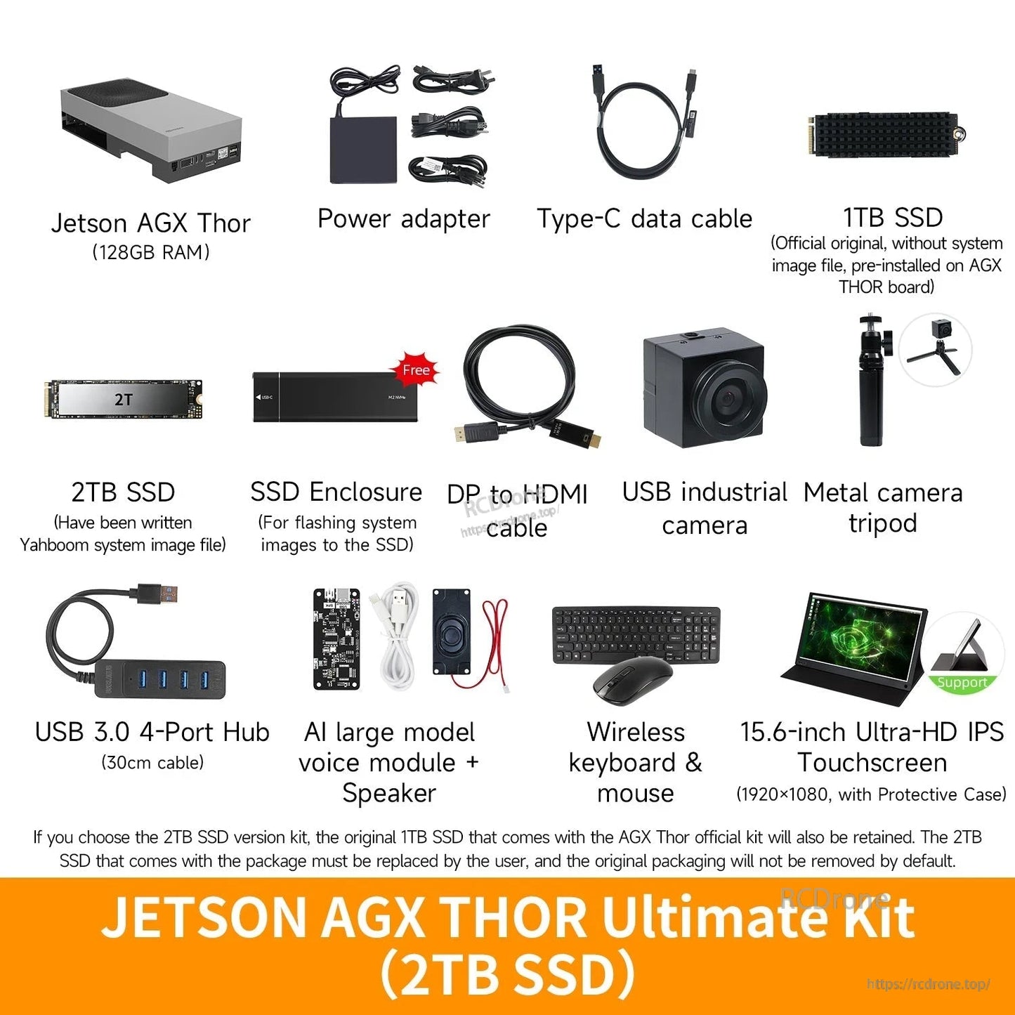 Jetson AGX Thor Ultimate Kit (2TB SSD) contents with camera, hub, voice module, keyboard mouse, touchscreen