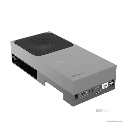 NVIDIA Jetson AGX Thor Developer Kit enclosure angled view showing rear ports and top vent grille
