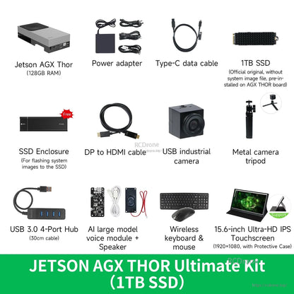 Jetson AGX Thor Ultimate Kit (1TB SSD) contents with keyboard mouse and 15.6-inch touchscreen