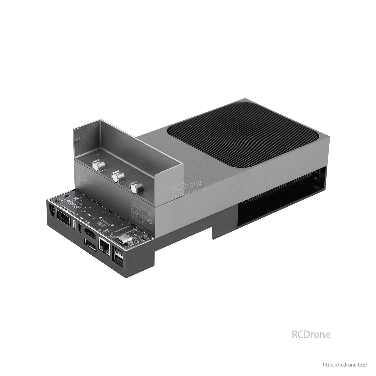 Jetson AGX Thor enclosure with top cover removed showing internal board area and rear connectors
