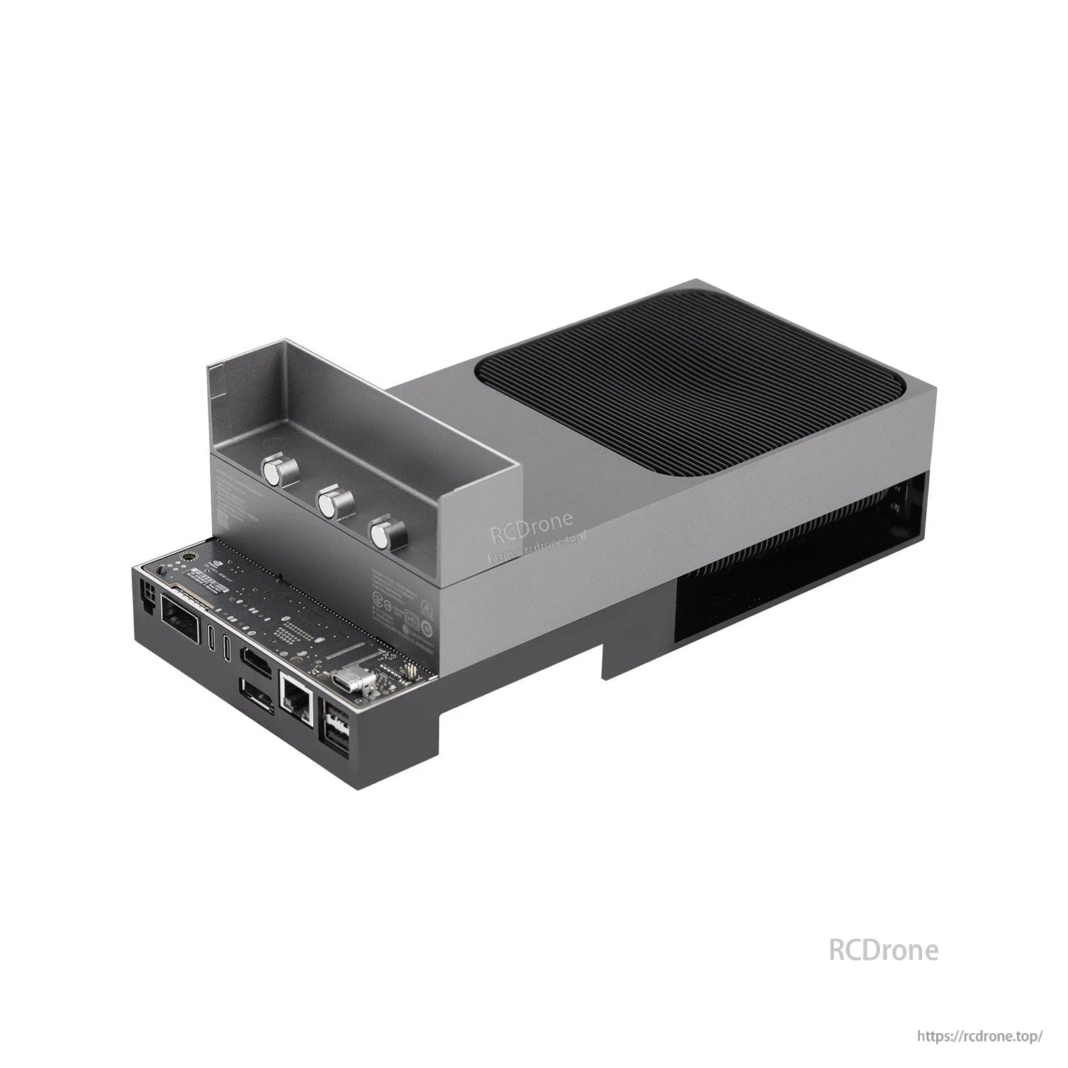 Jetson AGX Thor enclosure with top cover removed showing internal board area and rear connectors