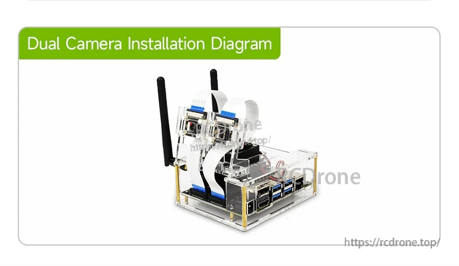 Dual camera installation layout on an acrylic Jetson case, showing two camera modules and ribbon cable routing