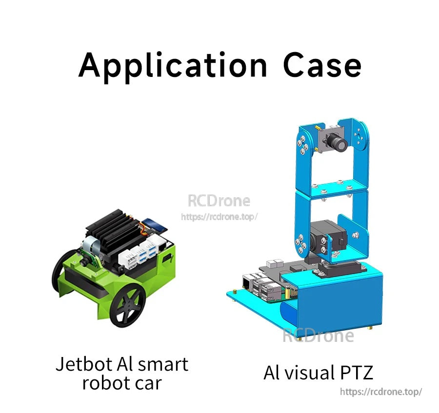 Application examples showing an AI robot car and an AI visual PTZ setup using a CSI camera module