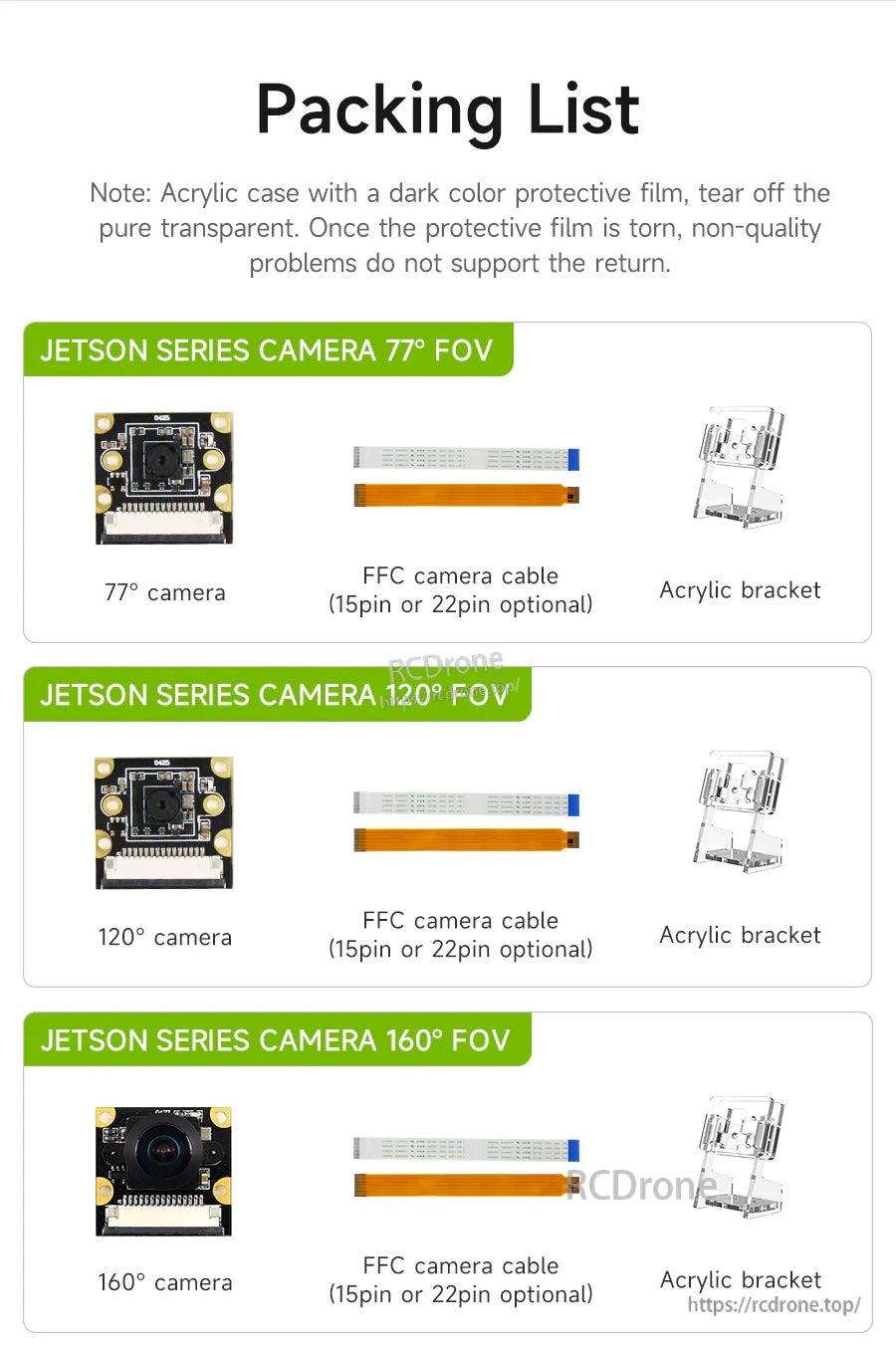 Packing list for Sony IMX219 8MP CSI Jetson camera kit with camera module, FFC ribbon cable, and acrylic bracket