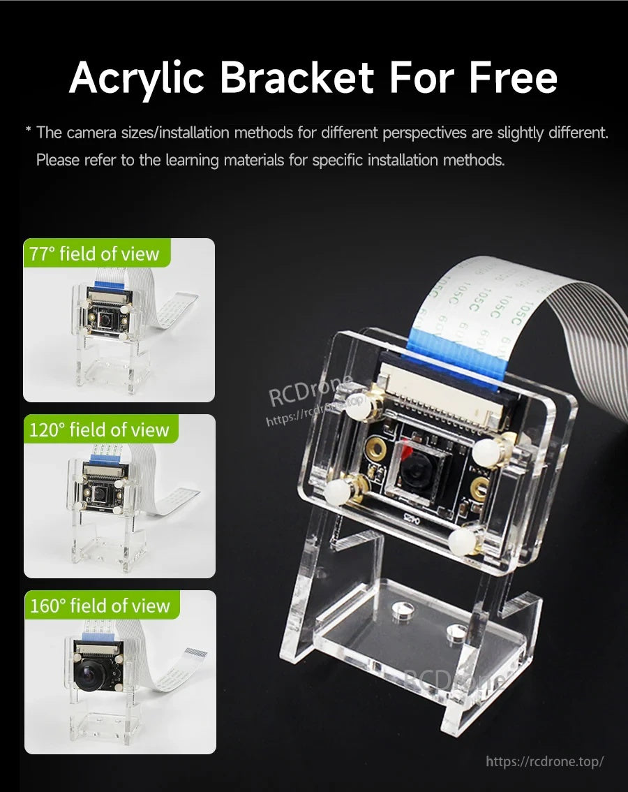 Transparent acrylic bracket mount for IMX219 CSI camera, with 77°, 120°, and 160° lens housing examples
