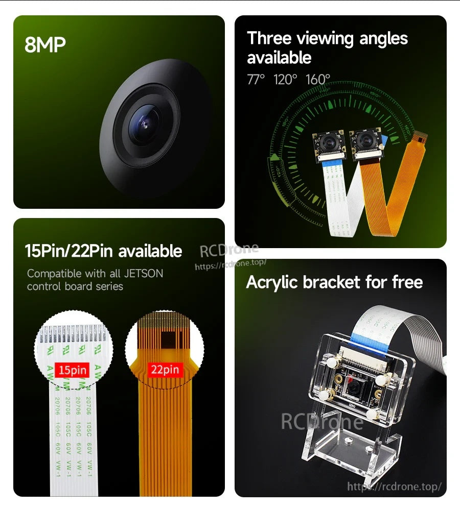 8MP IMX219 camera highlights: 77°/120°/160° lens options, 15-pin or 22-pin CSI cable, acrylic mounting bracket