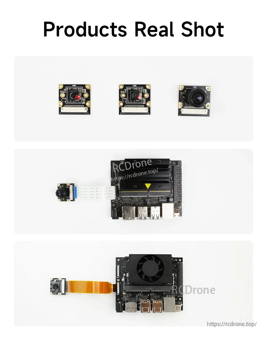 Sony IMX219 8MP CSI camera real photos: modules and connection examples to Jetson boards with 15-pin and 22-pin cables