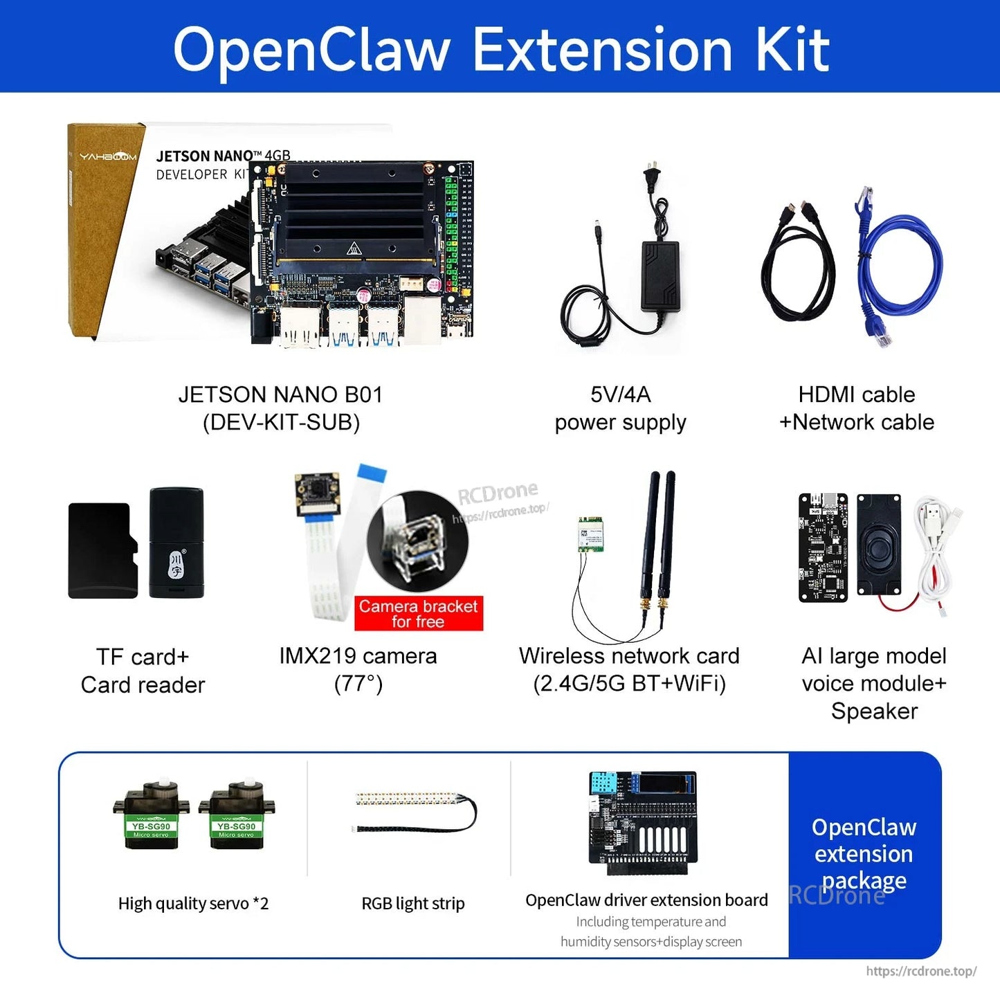 OpenClaw extension kit contents: Jetson Nano B01, IMX219 camera, WiFi card, voice module, servos, RGB strip