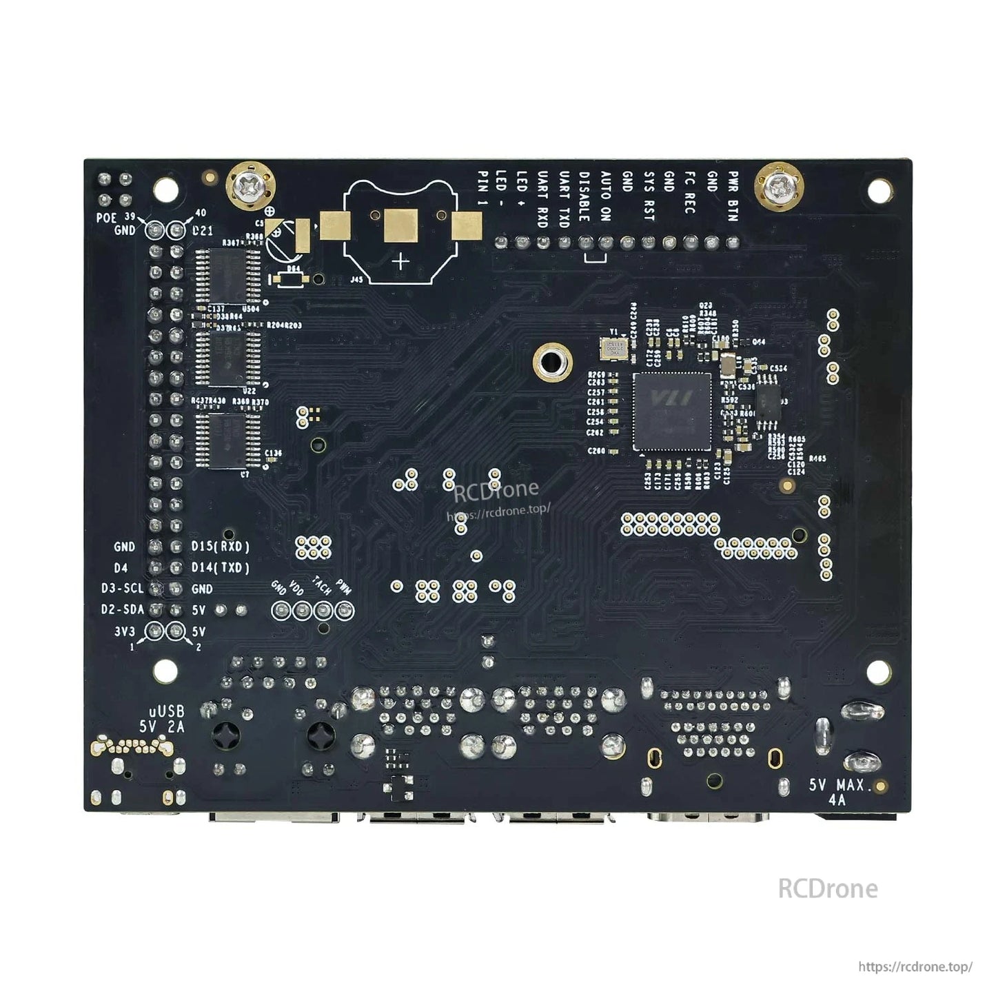Back side of Jetson Nano carrier board showing solder points, headers, and labeled test pads
