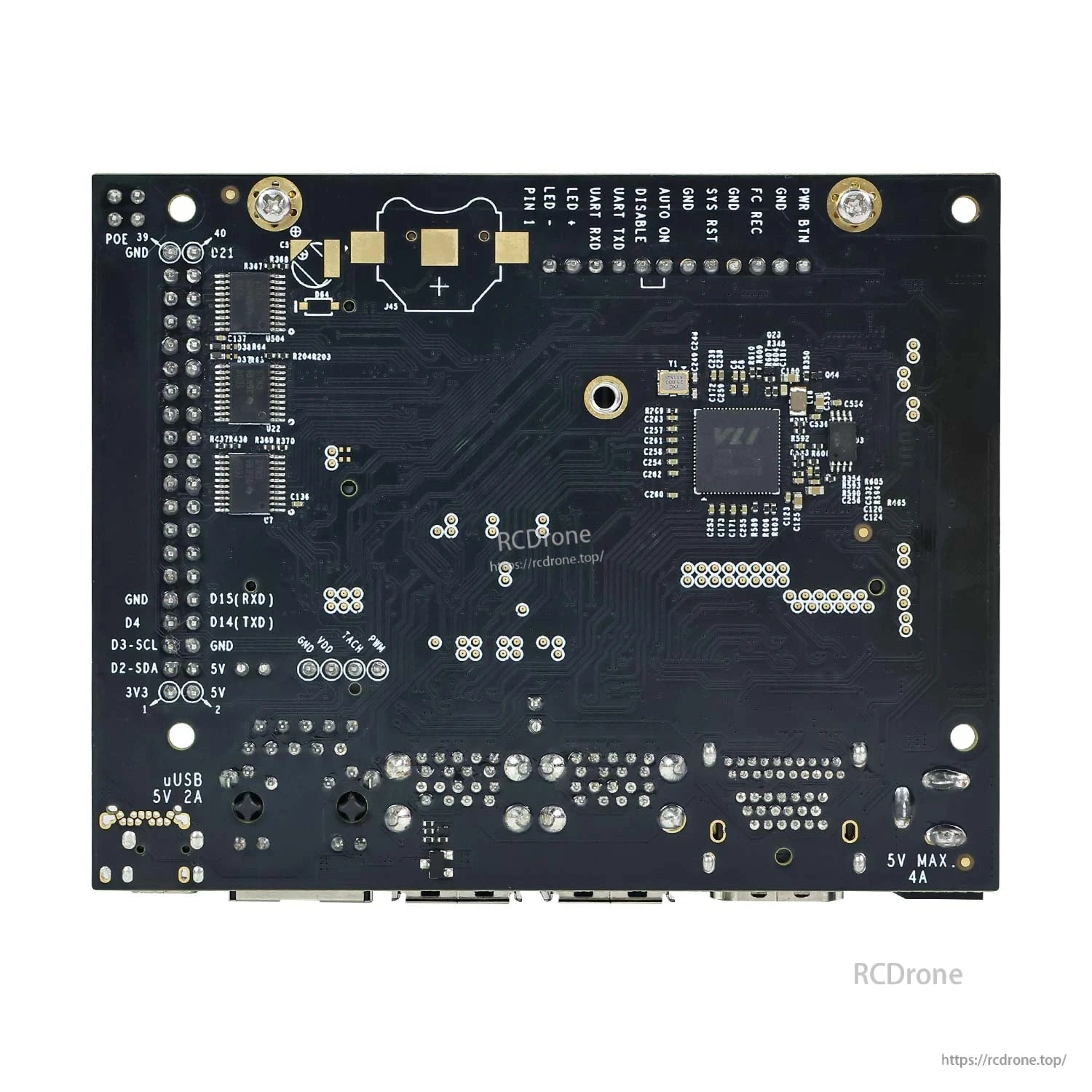 Back side of Jetson Nano carrier board showing solder points, headers, and labeled test pads