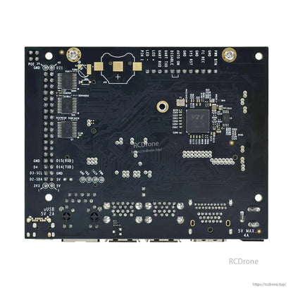 Back side of Jetson Nano carrier board showing solder points, headers, and labeled test pads