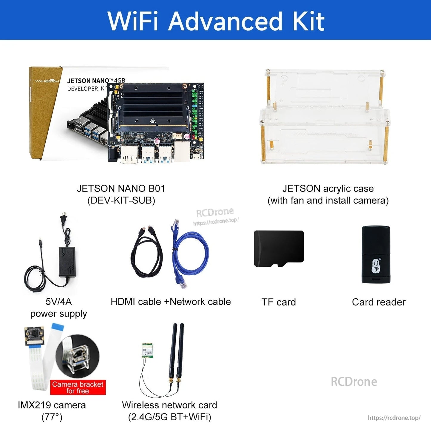 WiFi advanced kit bundle with Jetson Nano B01, IMX219 camera and 2.4G/5G WiFi+BT wireless card