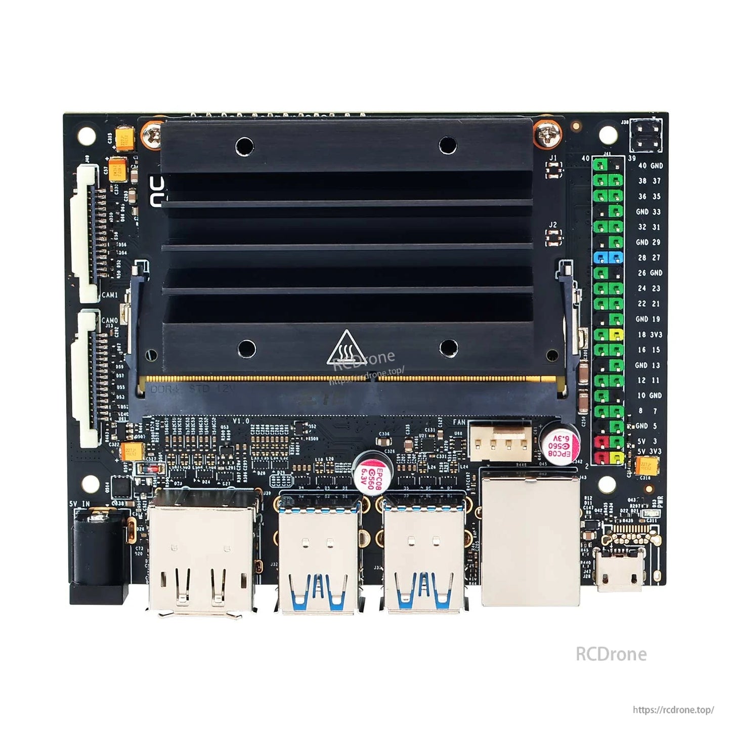 NVIDIA Jetson Nano 4GB B01 Developer Kit for Edge AI/ROS board top view with heatsink and ports