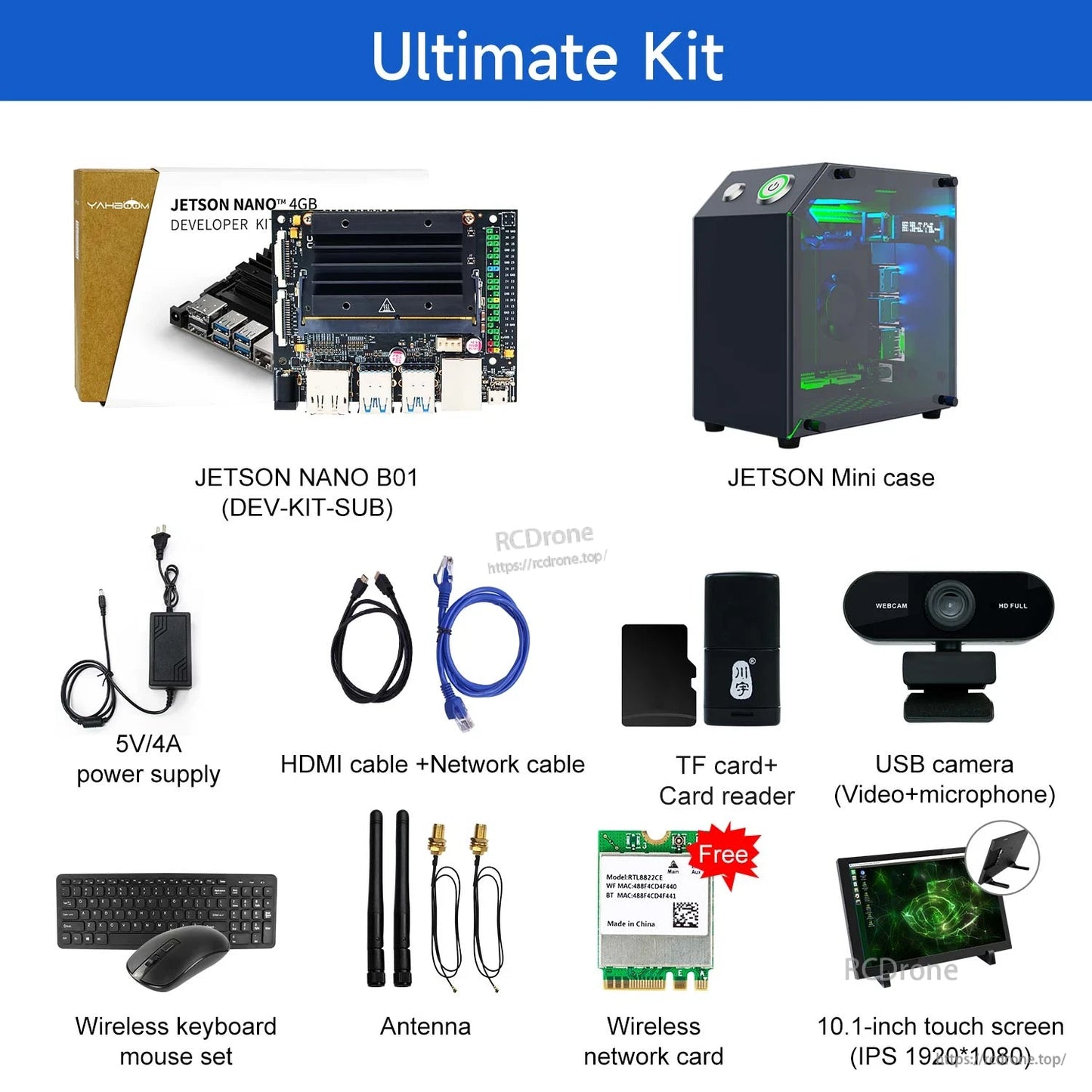 Ultimate kit bundle with Jetson Nano B01, mini case, keyboard/mouse, webcam, WiFi card and touch screen