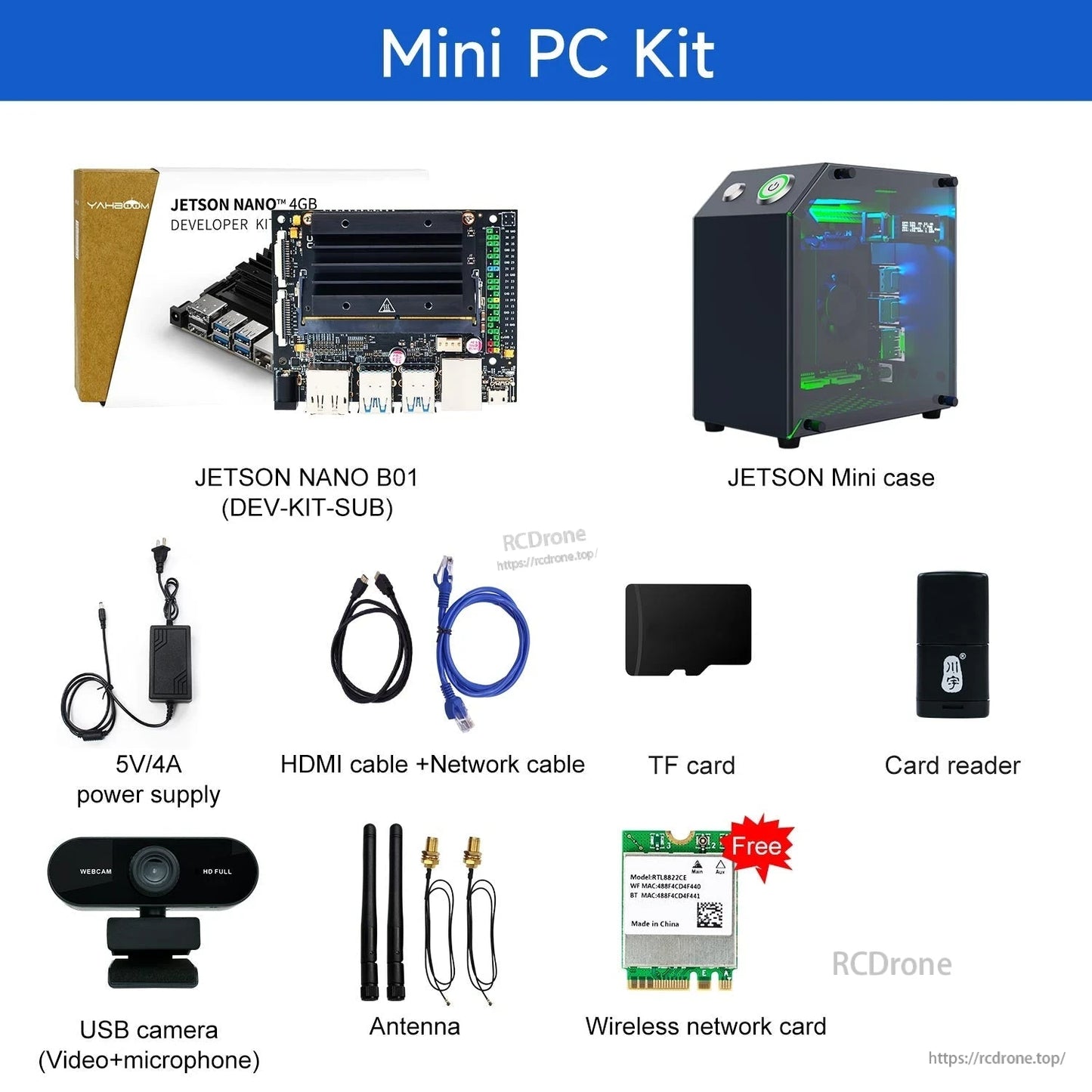 Mini PC kit bundle with Jetson Nano B01, mini case, USB camera, antenna, WiFi card, cables and TF card