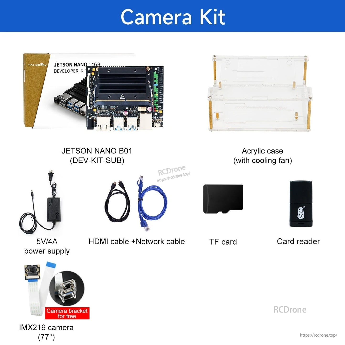 Camera kit bundle for Jetson Nano B01 with IMX219 camera, acrylic case, power supply, cables and TF card