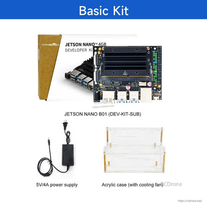 Basic kit contents: Jetson Nano B01 DEV-KIT-SUB board, 5V/4A power supply and acrylic case