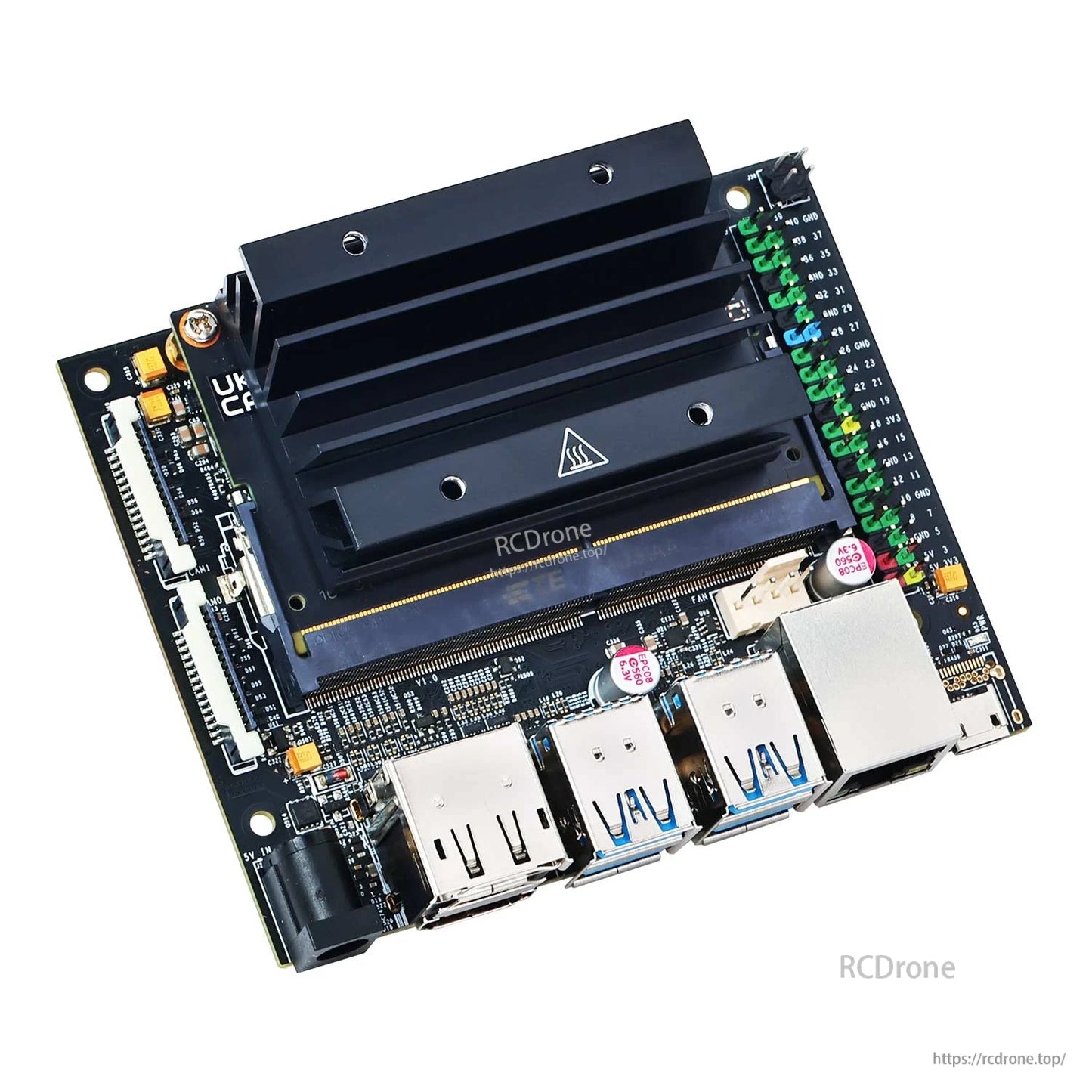 Angled view of NVIDIA Jetson Nano B01 developer kit board showing heatsink, USB, Ethernet and GPIO
