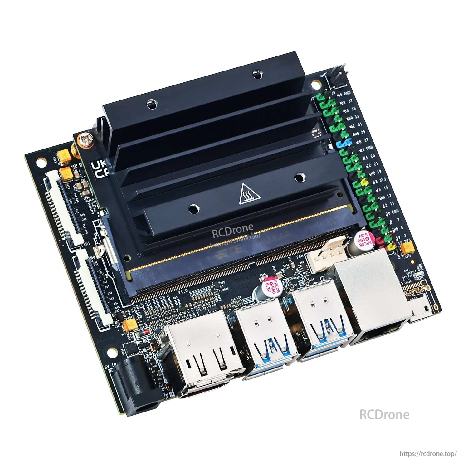 Angled view of NVIDIA Jetson Nano B01 developer kit board showing heatsink, USB, Ethernet and GPIO