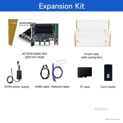 Expansion kit contents with Jetson Nano B01 board, acrylic case, power supply, HDMI/network cable, TF card