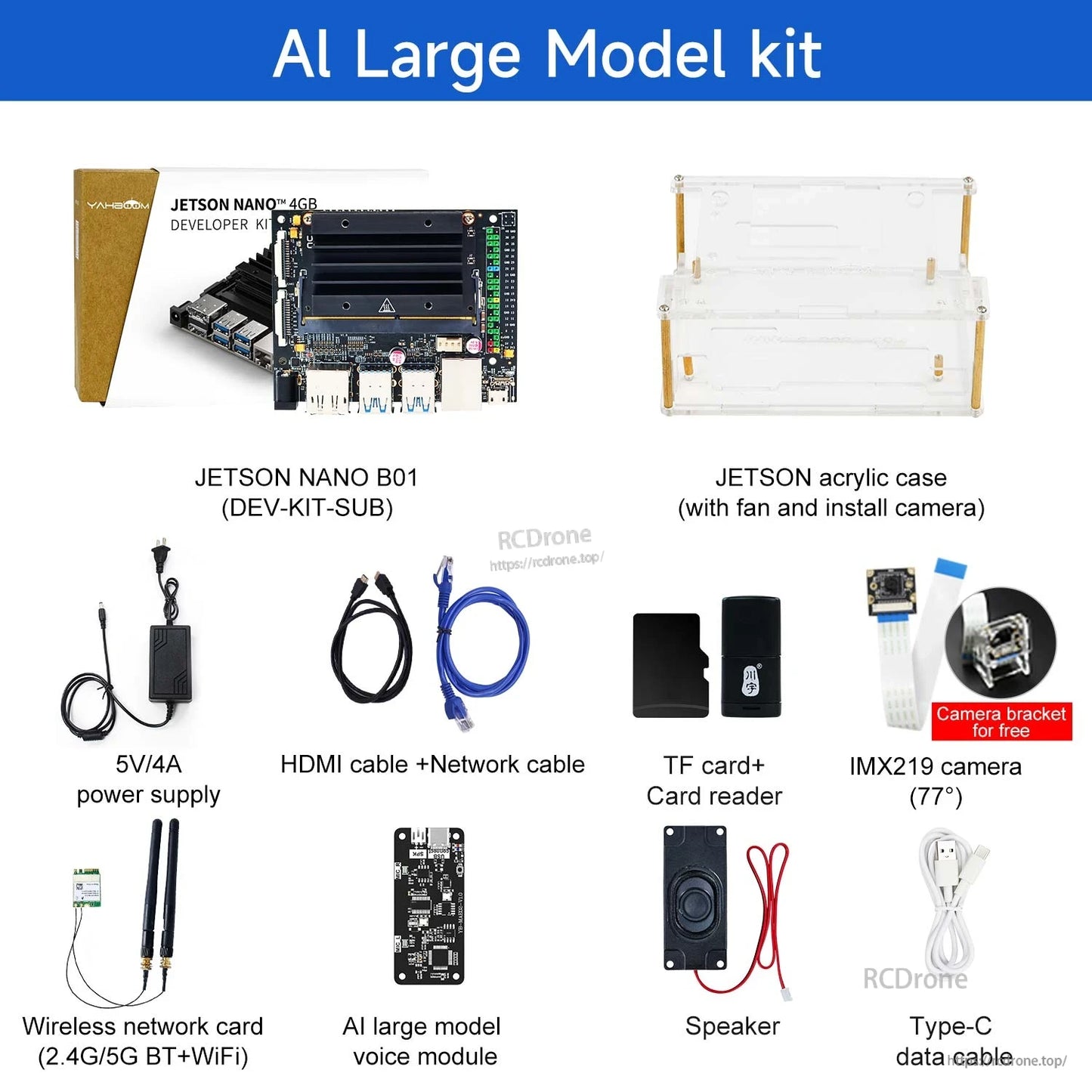 AI large model kit bundle with Jetson Nano B01, voice module, speaker, Type-C cable, WiFi and IMX219 camera