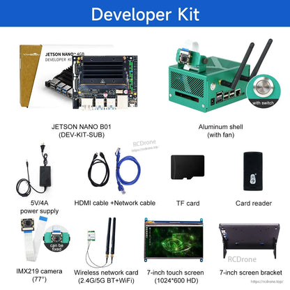 Developer kit bundle with aluminum shell, IMX219 camera, WiFi card, 7-inch touch screen and bracket