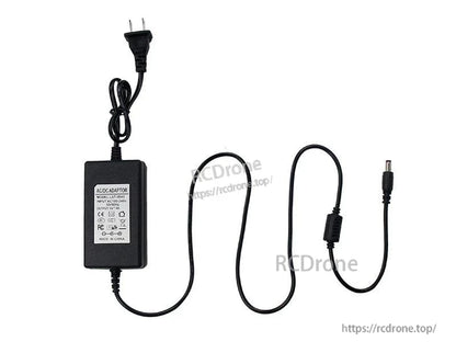 Power adapter specification label and cable layout with US plug and DC barrel tip