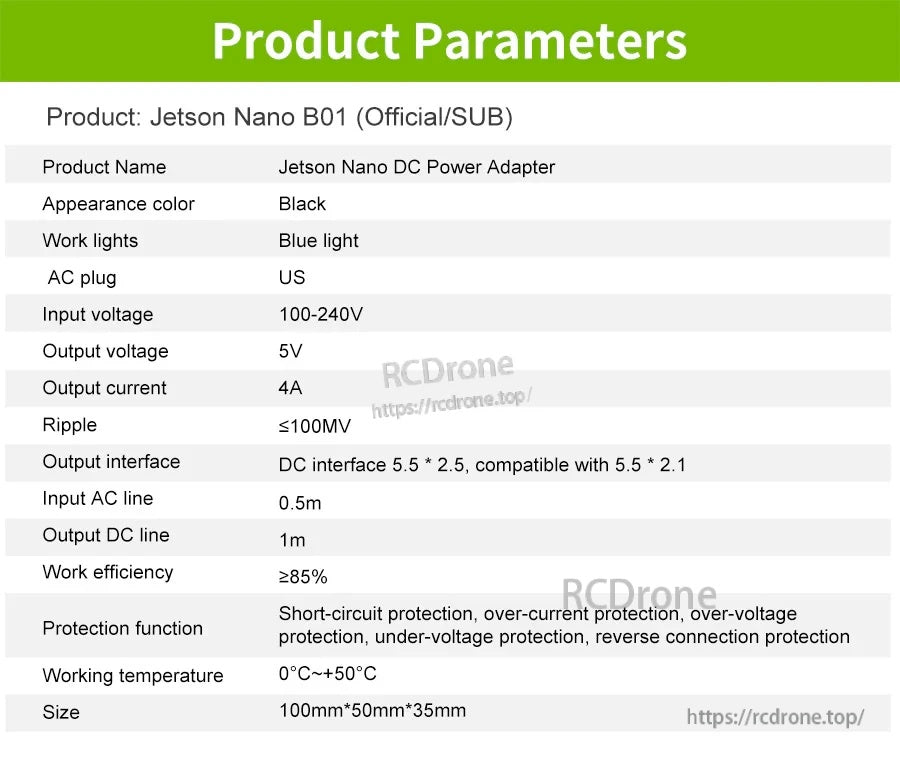 Product parameters table for Jetson Nano DC power adapter: 5V 4A, US plug, 100–240V input, protections